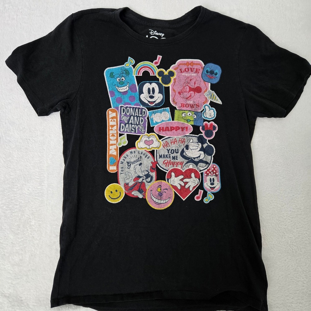 Disney 100 Anniversary T-Shirt Womens Medium Black Sticker Collage Graphic Tee